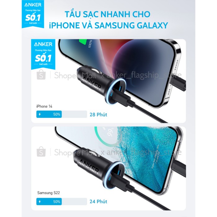 Tẩu sạc xe hơi Anker 52.5W (1 cổng USB-C, 1 cổng USB-A) sạc 2 thiết bị hỗ trợ PowerIQ 3.0, Active Shield - A2735 - Hình ảnh 5