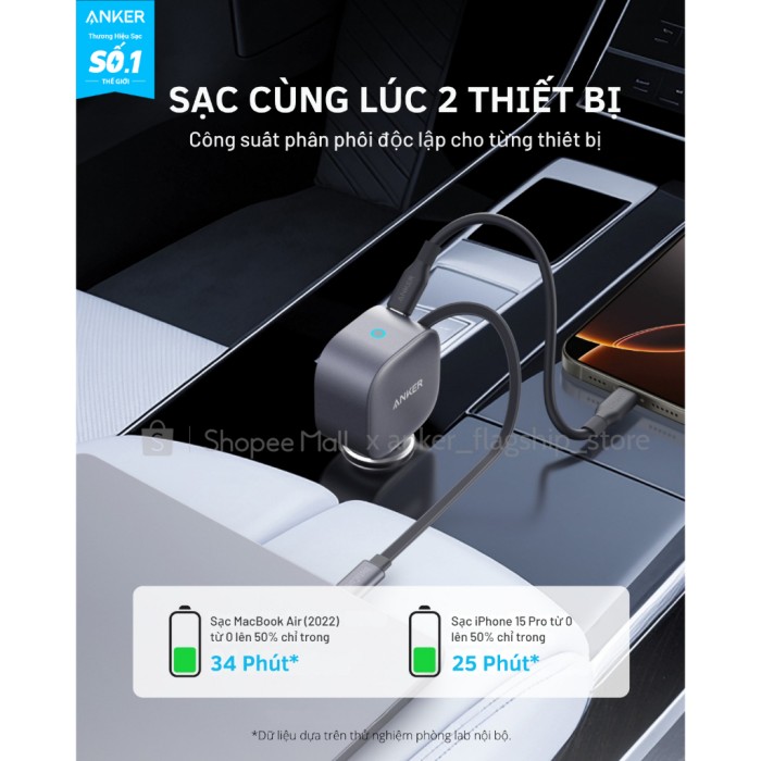 Tẩu sạc xe hơi Anker Nano 75W tích hợp 1 cáp USB-C (Một cổng USB-C 30W) sạc 2 thiết bị hỗ trợ PPS, PD, QC 3.0 - A2738 - Hình ảnh 7