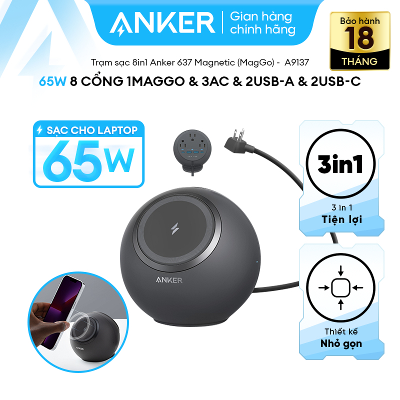 Trạm sạc để bàn Anker 637 MagGo 65W 8in1 (1 sạc từ tính+3 ổ cắm AC+2 cổng USB-A+2 cổng USB-C) A9137 - Hình ảnh 8