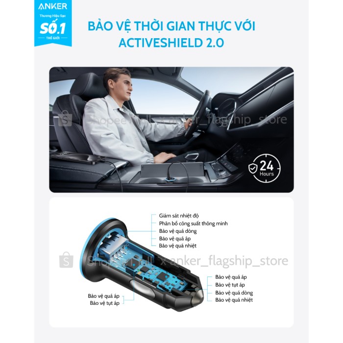 Tẩu sạc xe hơi Anker 52.5W (1 cổng USB-C, 1 cổng USB-A) sạc 2 thiết bị hỗ trợ PowerIQ 3.0, Active Shield - A2735